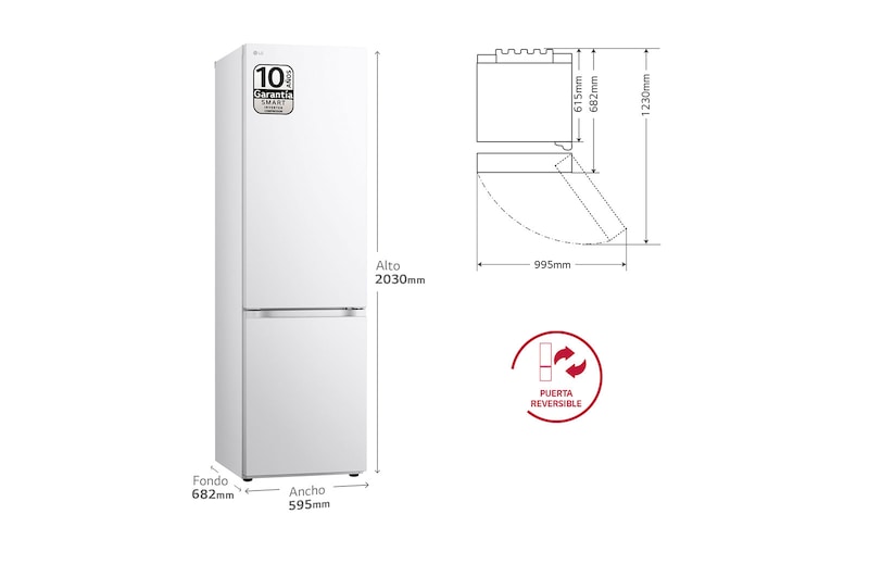 LG Outlet Frigorífico Combi Door Cooling+, 2,03m, Clasificación D, capacidad de 419l, blanco. Serie 500, GBV5240DSW.OUTLET