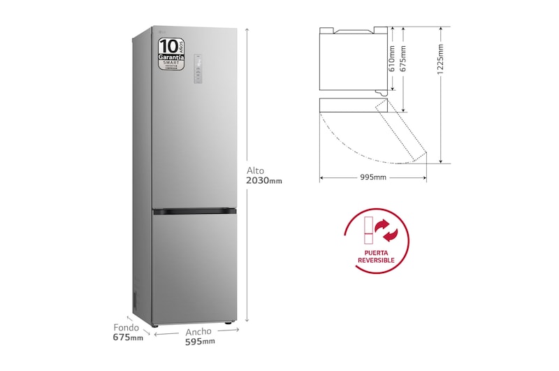 LG Outlet Frigorífico Combi Door Cooling+, 2,03m, Clasificación C, capacidad de 419l, inox antihuellas. Serie 500, GBV5250CPY.OUTLET