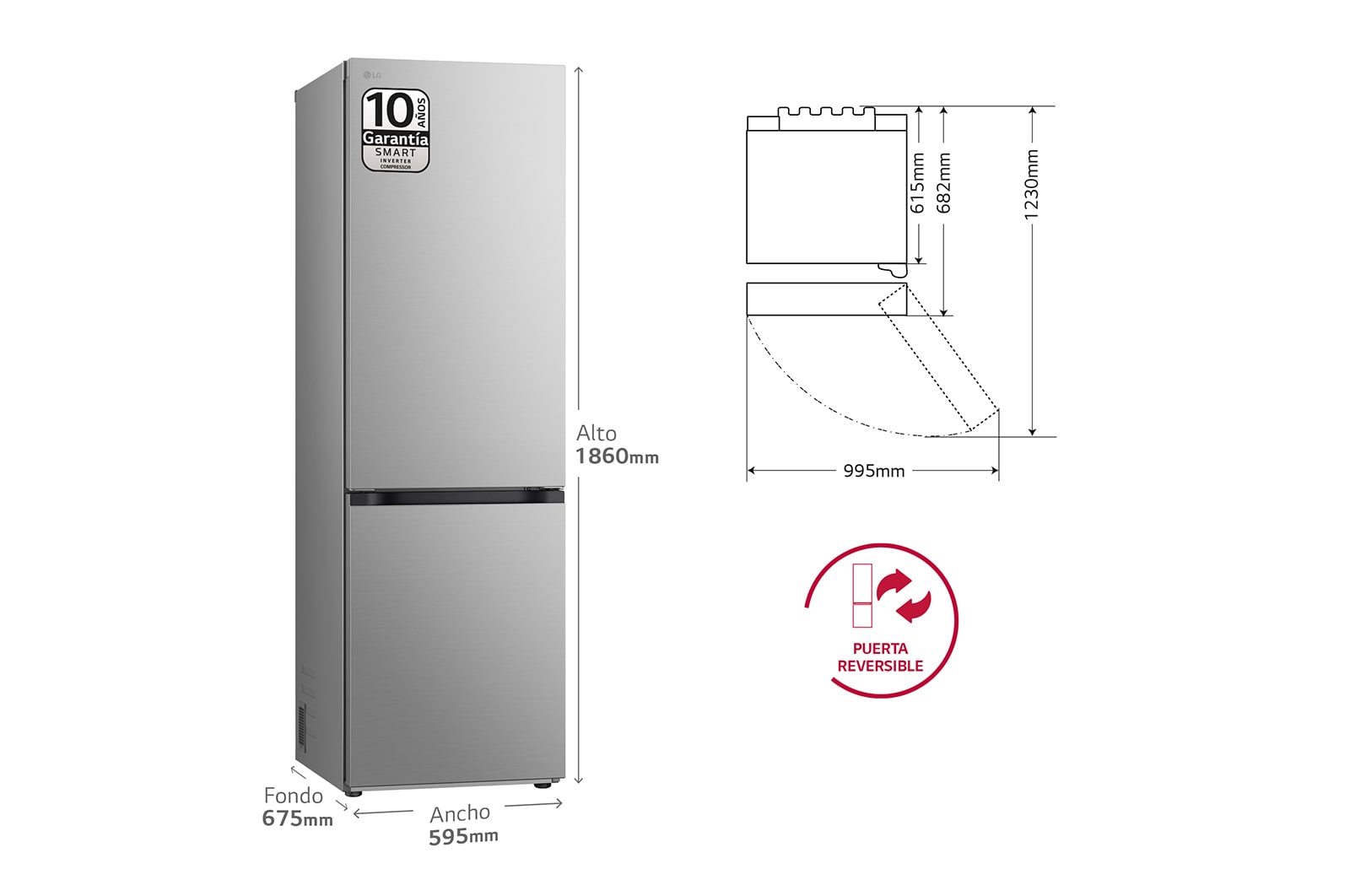 LG Outlet Frigorífico Combi Door Cooling+, 1,86m, Clasificación C, capacidad de 374l, inox antihuellas. Serie 700, GBV7180CPY.OUTLET