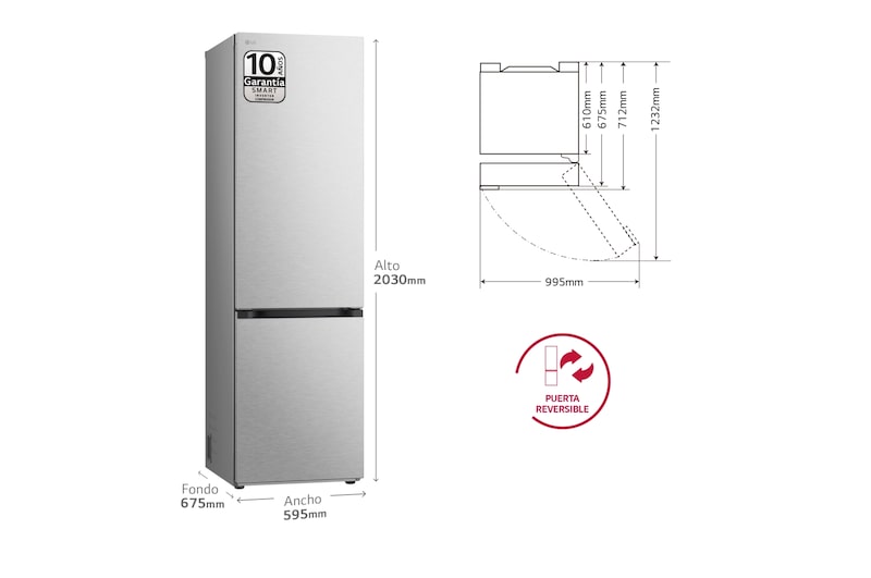 LG Outlet Frigorífico Combi Door Cooling+, 2,03m, Clasificación A, capacidad de 419l, acero texturizado antihuellas. Serie 700, GBV7280AMB.OUTLET