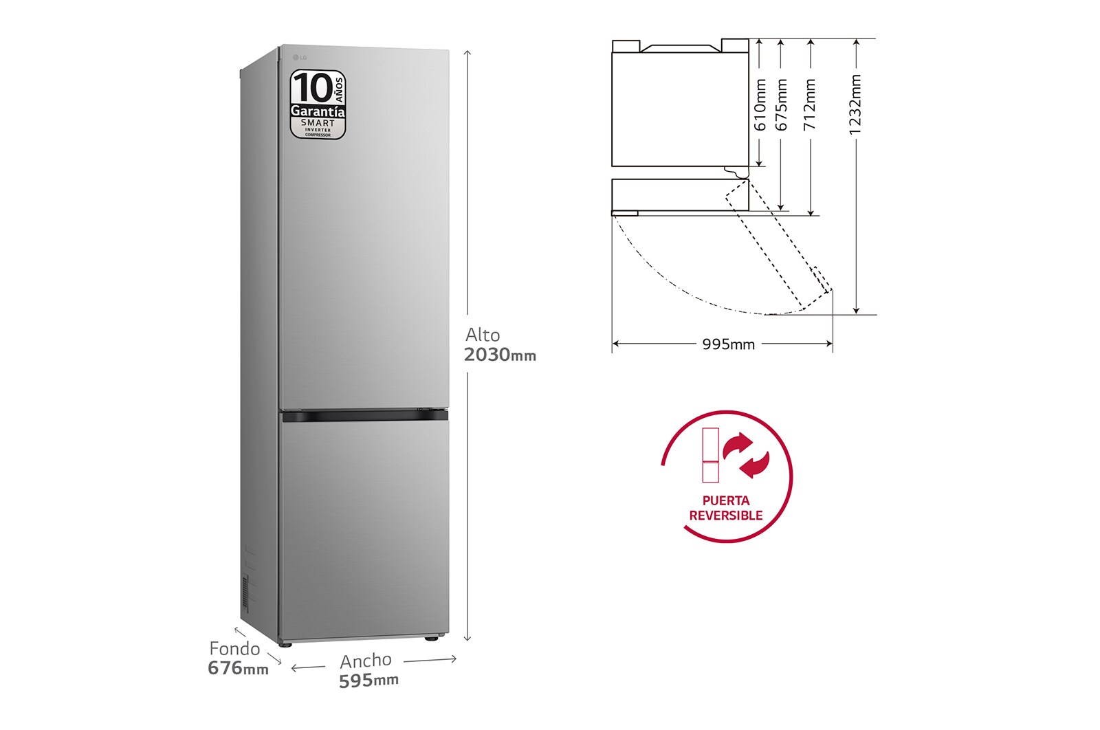 LG Frigorífico Combi Door Cooling+, 2,03m, Clasificación B, capacidad de 419l, Inox antihuellas. Serie 700 , GBV7280BPY