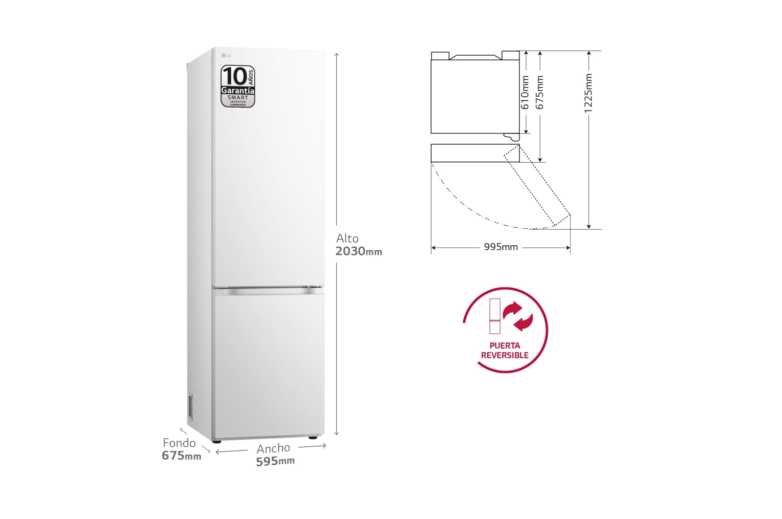 LG Outlet Frigorífico Combi Door Cooling+, 2,03m, Clasificación C, capacidad de 419l, blanco. Serie 700, GBV7280CSW.OUTLET