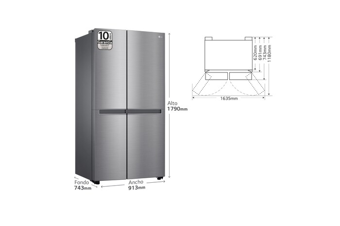 LG Frigorífico Side By side, serie 300, Clasificación F, 634L Inox antihuellas, GSBV30PZXM