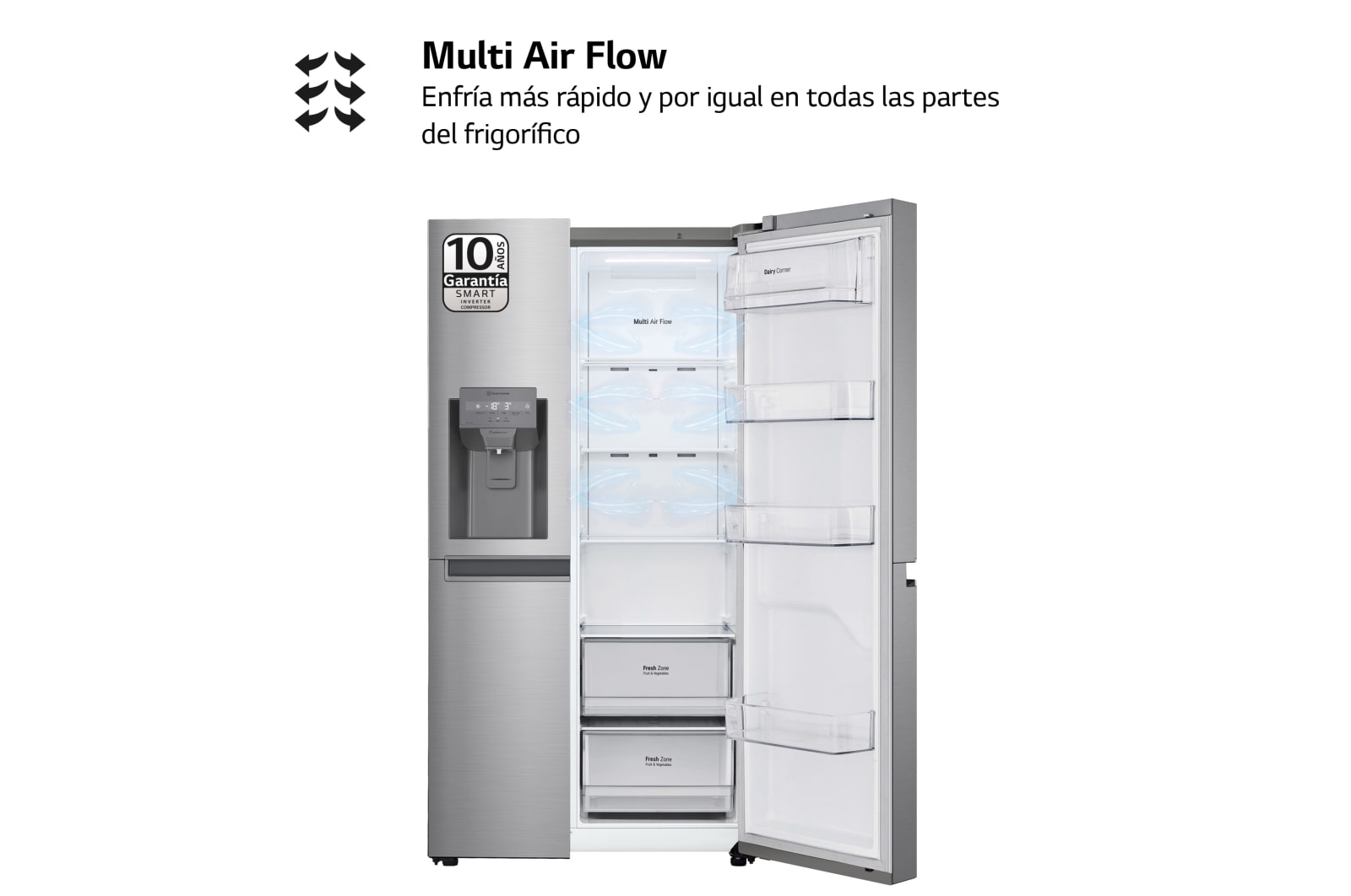 LG Frigorífico Side By side, serie 300, Clasificación F, 634L Inox antihuellas , GSLV30PZXM