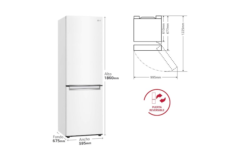 LG Frigorífico Combi LG GBP31SWLZN, 1,86m, E, capacidad de 374l, Blanco, serie 3, GBP31SWLZN