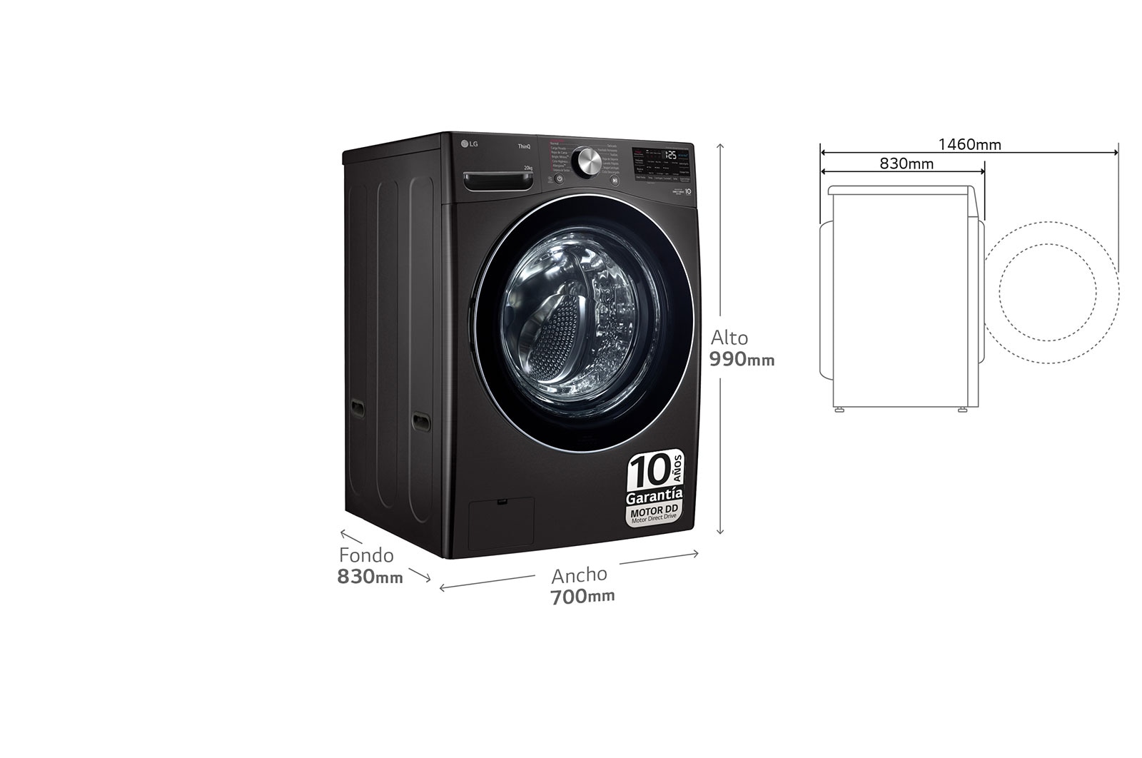LG Lavadora inteligente AI Direct Drive. TurboWash 360º, 20kg , 1000rpm B, Inox antihuellas, Serie XXL, F0P3CYV2E.OBSEXC