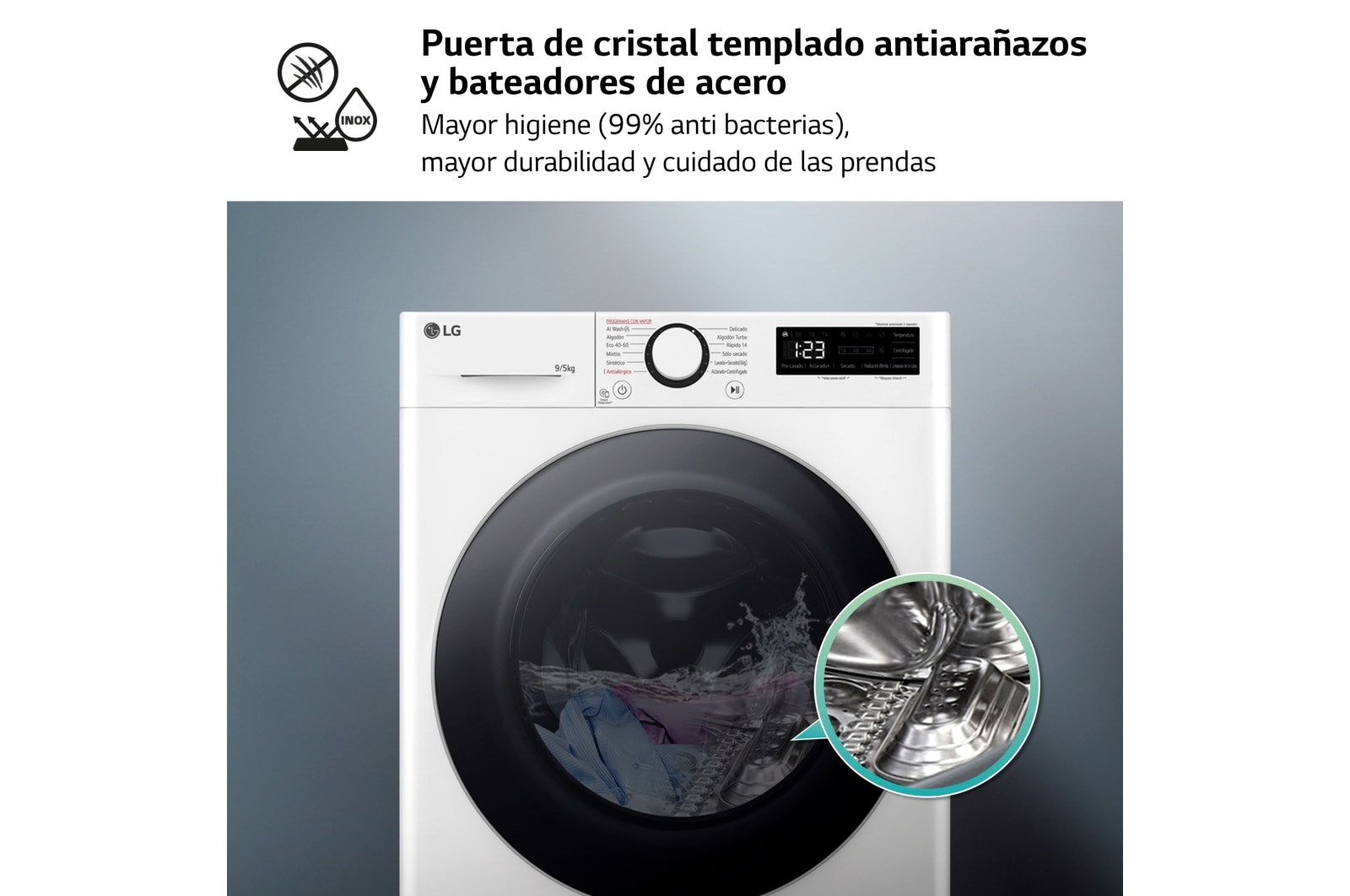 LG Outlet Lavasecadora inteligente AI Direct Drive TM, Vapor 9/5kg, 1200rpm, Un 10% más eficiente que A(lavado) /D(secado) Blanca, Serie Fondo especial 500, F2DR5S09A1W.OUTLET