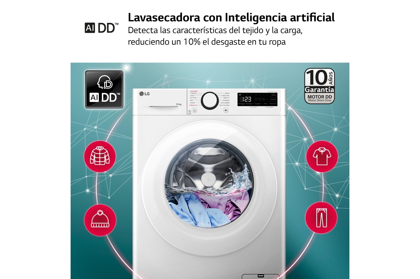 LG Outlet Lavasecadora inteligente AI Direct Drive TM, Vapor 9/6kg, 1400rpm, Un 10% más eficiente que A(lavado) /D(secado) Blanca, Serie 500, F4DR5009A3W.OUTLET
