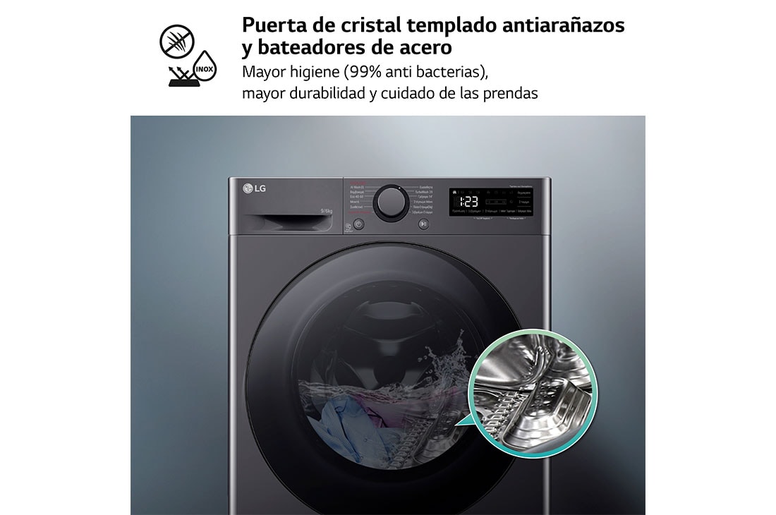 LG Lavasecadora inteligente AI Direct Drive<sup>TM</sup>, Turbowash 360º, 9/6kg, 1400rpm, Un 10% más eficiente que  A(lavado) / D(secado) Negro medio, Serie 600, F4DR6009AGM