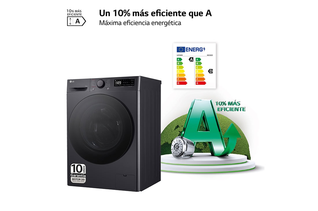 LG Lavasecadora inteligente AI Direct Drive<sup>TM</sup>, Turbowash 360º, 9/6kg, 1400rpm, Un 10% más eficiente que  A(lavado) / D(secado) Negro medio, Serie 600, F4DR6009AGM
