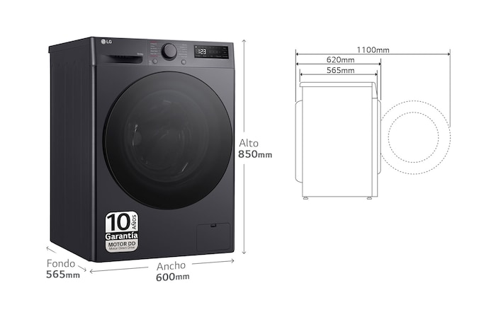LG Lavasecadora inteligente AI Direct Drive TM, Turbowash 360º, 10/6kg, 1400rpm, Un 10% más eficiente que  A(lavado) / D(secado) Negro medio, Serie 600, F4DR6010AGM