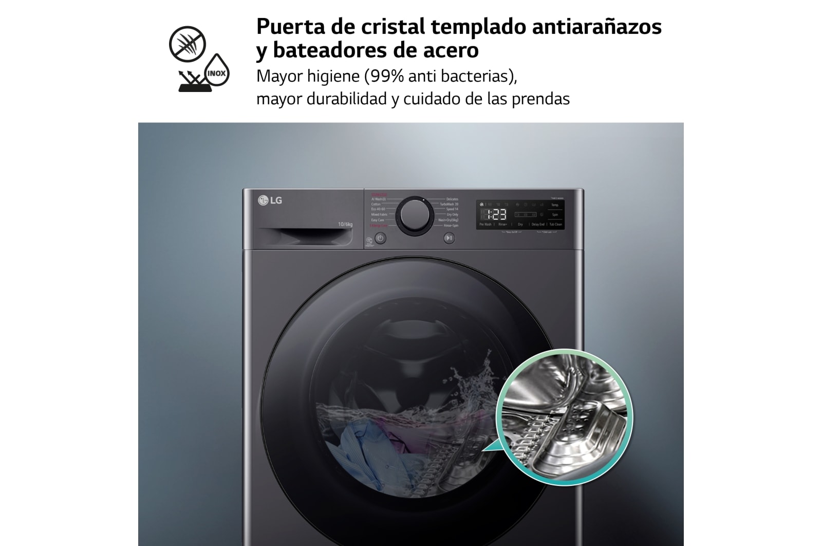 LG Outlet Lavasecadora inteligente AI Direct Drive TM, Turbowash 360º, 10/6kg, 1400rpm, Un 10% más eficiente que A(lavado) / D(secado),Negro medio Serie 600, F4DR6010AGM.OUTLET