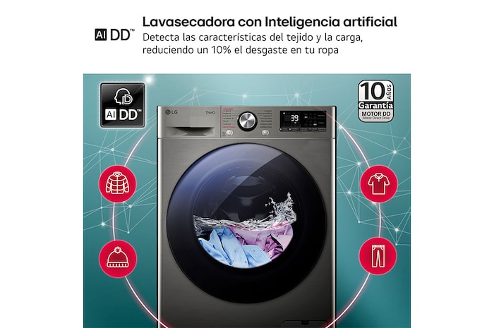 LG Outlet Lavasecadora inteligente AI Direct Drive™, Turbowash 360º, 9/6kg, 1400rpm, Un 10% más eficiente que A(lavado) /D(secado), Inox, Serie 700, F4DR7009AGS.OUTLET