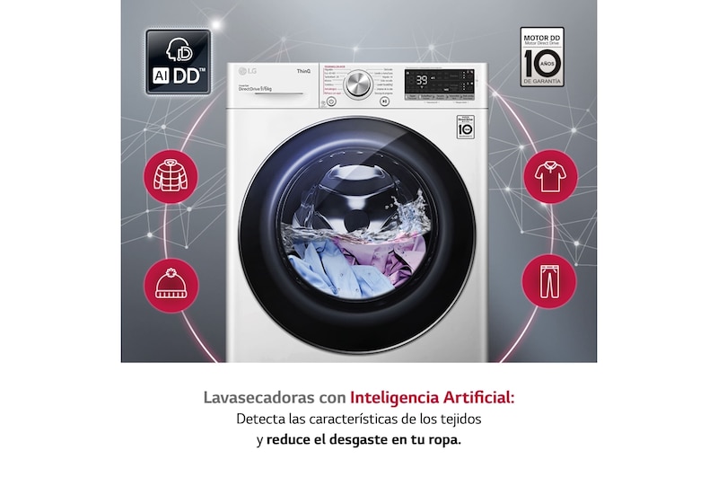 LG Lavasecadora inteligente AI Direct Drive con Autodosificador de detergente 9/6kg, 1400rpm, Clasificación A(lavado)/E(secado), Blanca, Serie 750, F4DV7509S2W