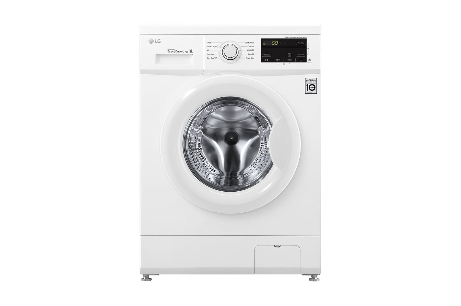 Vista frontal de Lavadora Inverter Direct Drive 8kg, 1400 Clasificación D, Blanca, Serie 100 F4J3TN3W