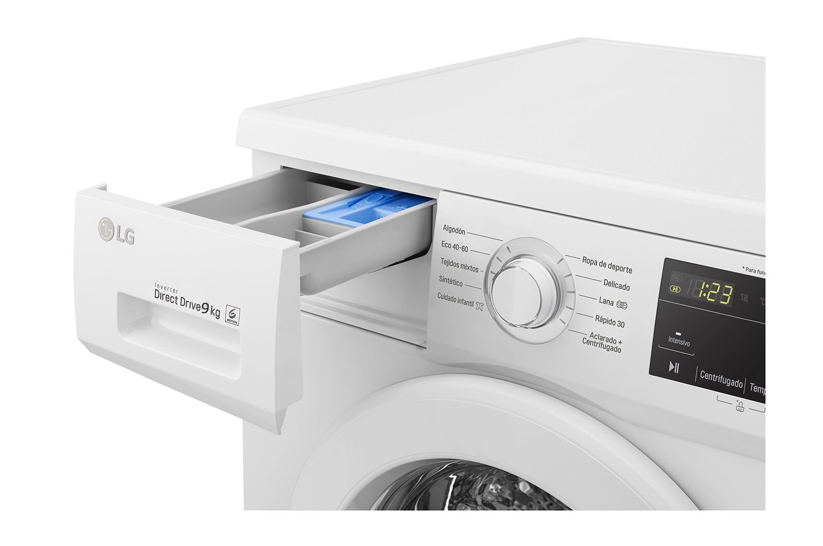 LG Lavadora Inverter Direct Drive 9kg, 1400 Clasificación D, Blanca, Serie 100, F4J3VY3W