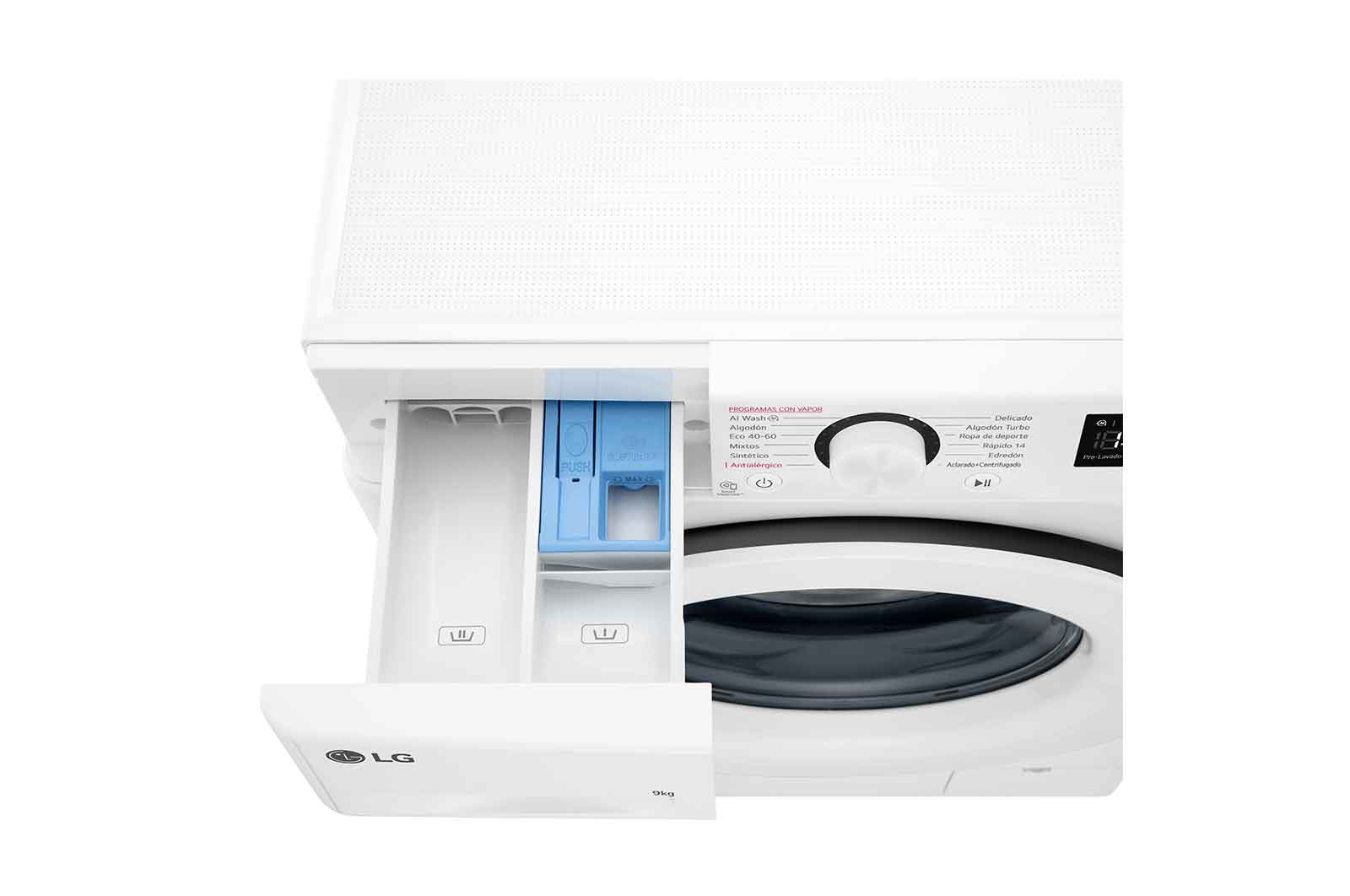 LG Lavadora inteligente AI Direct Drive,  Vapor,  9kg ,  1400rpm Un 10% más eficiente que A, Serie 500, F4WR5009A3W