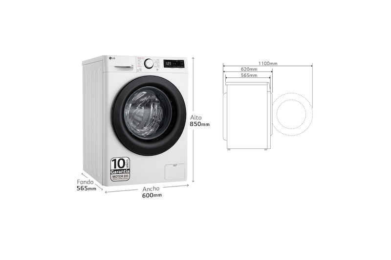 LG Outlet Lavadora inteligente AI Direct Drive, Vapor, 9kg , 1400rpm Un 10% más eficiente que A, Serie 500, WR5009A6W.OUTLET