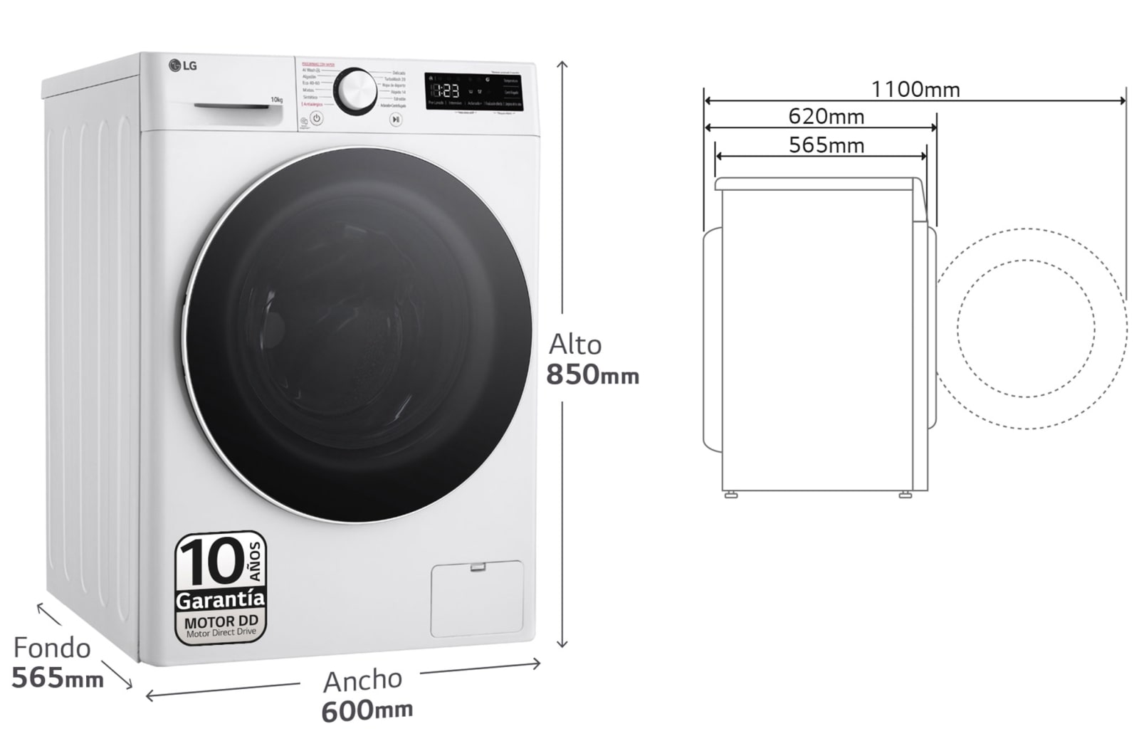 LG Lavadora inteligente AI Direct Drive. TurboWash 360º, Vapor,  10kg ,  1400rpm Un 10% más eficiente que A, Serie 600 , F4WR6010A0W