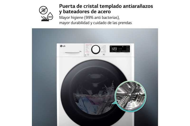LG Lavadora inteligente AI Direct Drive. TurboWash 360º, Vapor, 10kg , 1400rpm Un 10% más eficiente que A, Serie 600, F4WR6010A1W.OBSEXC