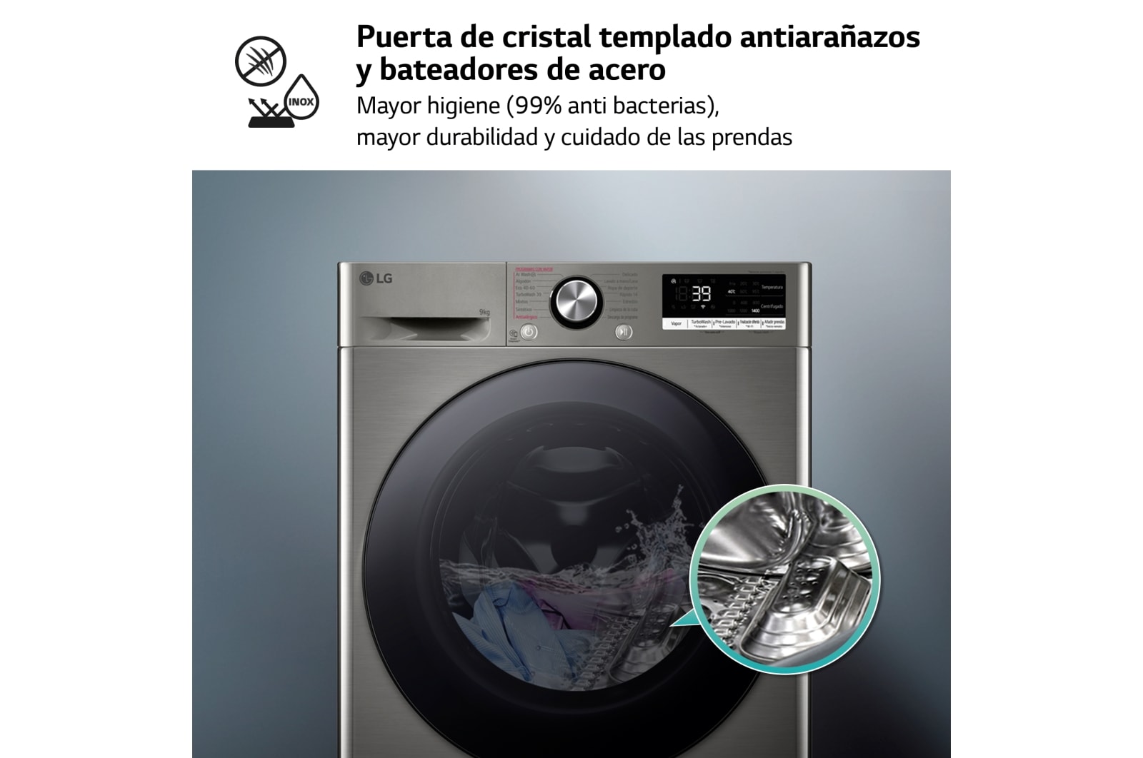 LG Lavadora inteligente AI Direct Drive. TurboWash 360º, Vapor+,  9kg ,  1400rpm Un 10% más eficiente que A, Serie 700, F4WR7009AGS