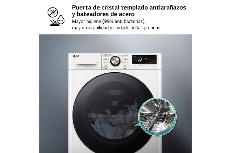 LG Lavadora inteligente AI Direct Drive. TurboWash 360º, Vapor+,  11kg ,  1400rpm Un 10% más eficiente que A, Serie 700, F4WR7011AGW