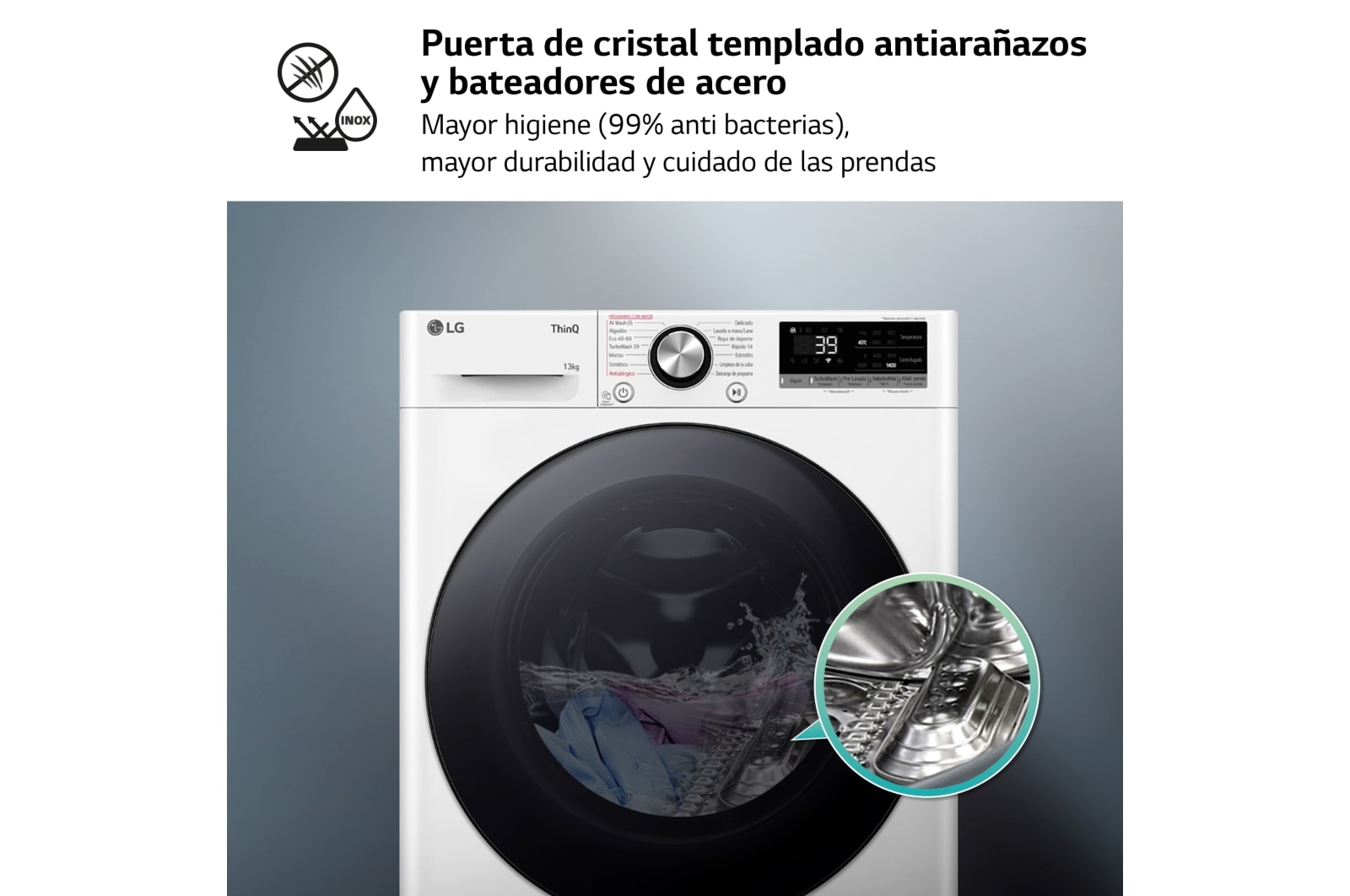 LG Outlet Lavadora inteligente AI Direct Drive. TurboWash 360º, Vapor+, 13kg , 1400rpm.Un 20% más eficiente que A, Serie 700, F4WR7013AGW.OUTLET