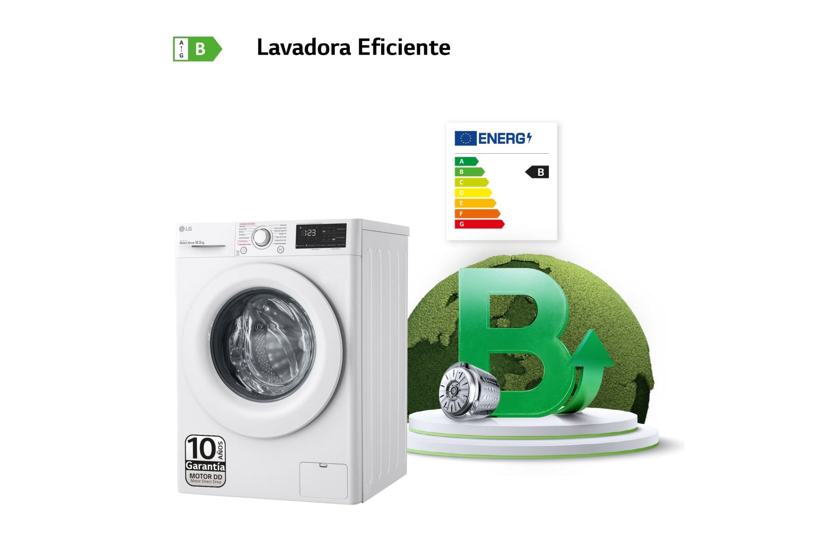 LG Lavadora inteligente AI Direct Drive 10,5kg, 1400rpm, Clasificación B, Blanca, Serie 300, F4WV3010S3W