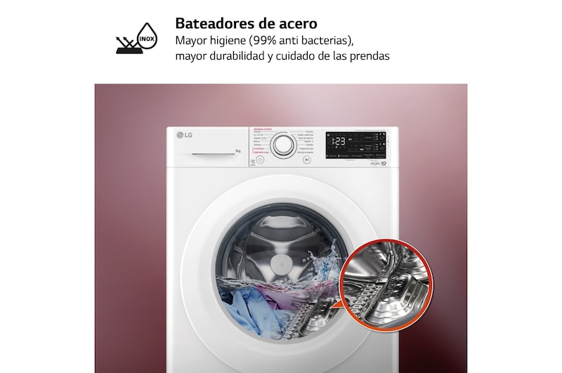 LG Lavadora inteligente AI Direct Drive TM, con Vapor, autodosificación detergente, 9kg, 1400, Clasificación B Blanca, Serie 350, F4WV3509S3W