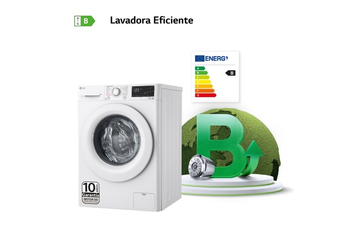 LG Lavadora inteligente AI Direct Drive TM, con Vapor, autodosificación detergente, 9kg, 1400, Clasificación B Blanca, Serie 350, F4WV3509S3W
