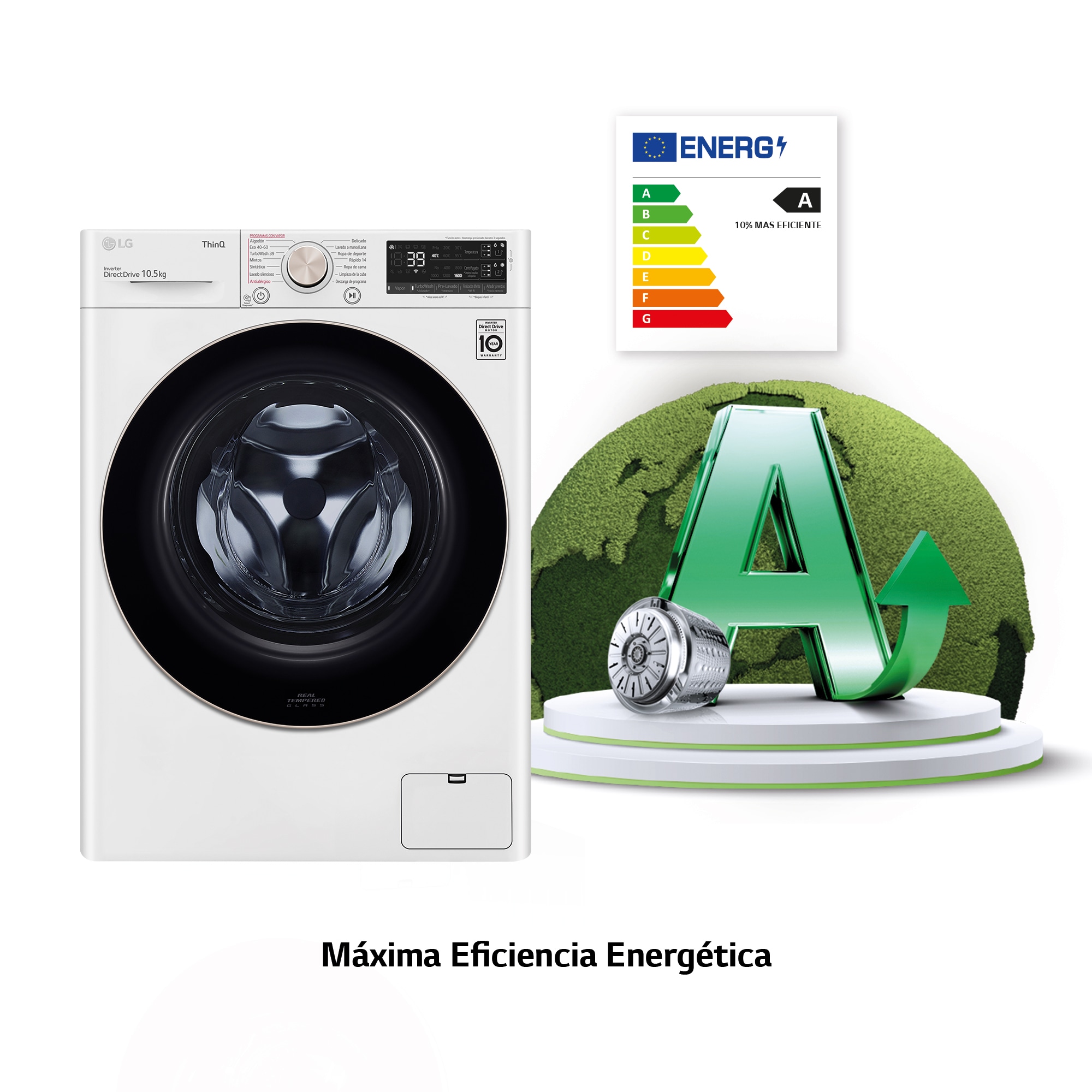 LG Lavadora inteligente  AI Direct Drive TM,<br> TurboWash 360º,  con autodosificación de detergente, 10,5kg, 1600rpm,<br> Clasificación Un 10% más eficiente que  A<br> Blanca, Serie 750, F6WV7510PRW