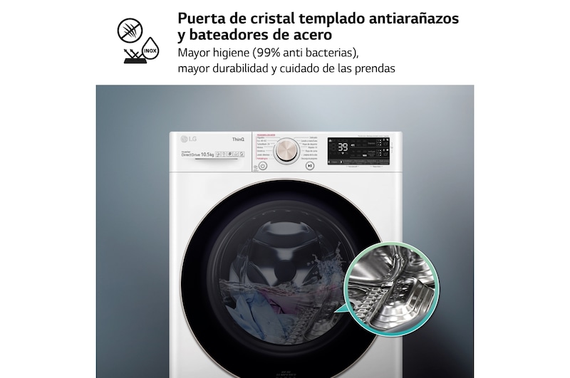 LG Lavadora inteligente  AI Direct Drive TM,<br> TurboWash 360º,  con autodosificación de detergente, 10,5kg, 1600rpm,<br> Clasificación Un 10% más eficiente que  A<br> Blanca, Serie 750, F6WV7510PRW