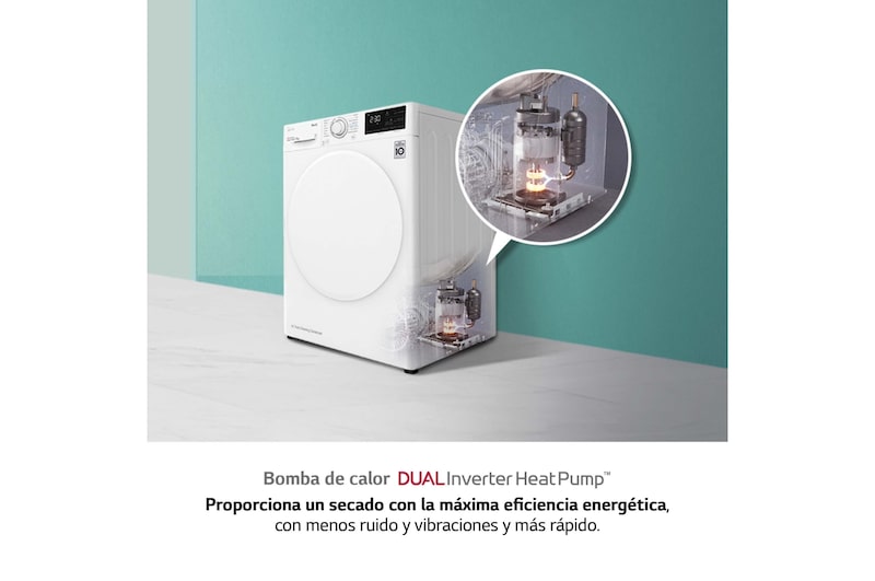 LG Secadora con Bomba de calor Dual Inverter, 9kg A++, Blanca, Serie 5, RH90V3AV0N