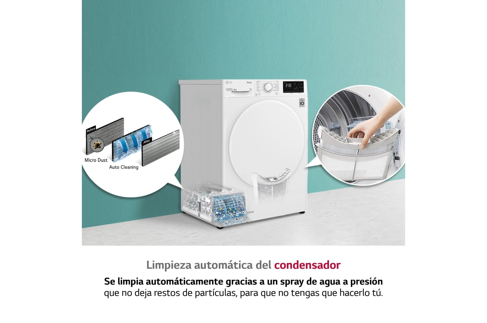 LG Secadora con Bomba de calor Dual Inverter, 9kg A++, Blanca, Serie 5, RH90V3AV0N