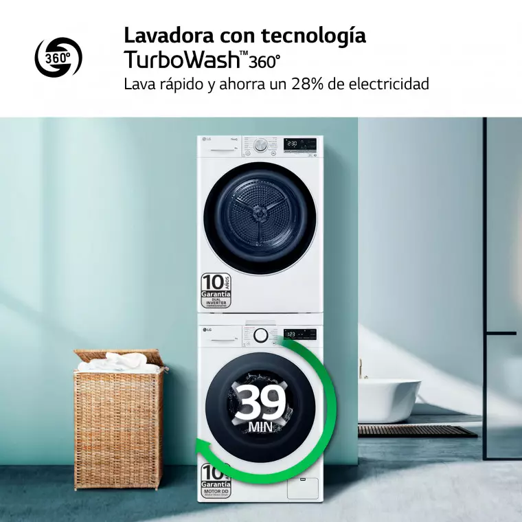 LG Torre de Lavado, Blanca, Lavadora inteligente 9kg, 1400rpm, 10% más eficiente que A + Secadora 8kg, A+++, TORRE0908KG.SET