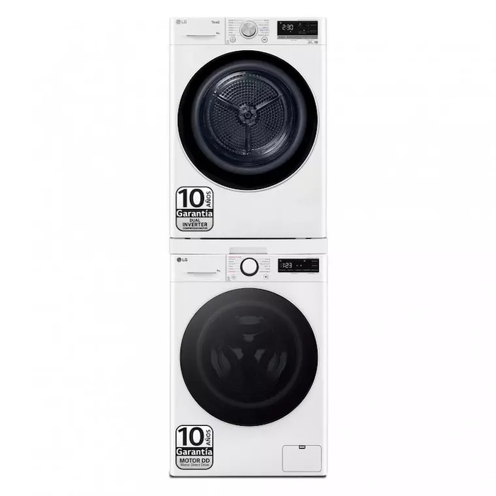 LG Torre de Lavado, Blanca, Lavadora inteligente 9kg, 1400rpm, 10% más eficiente que A + Secadora 8kg, C, TORRE0908KG.SET
