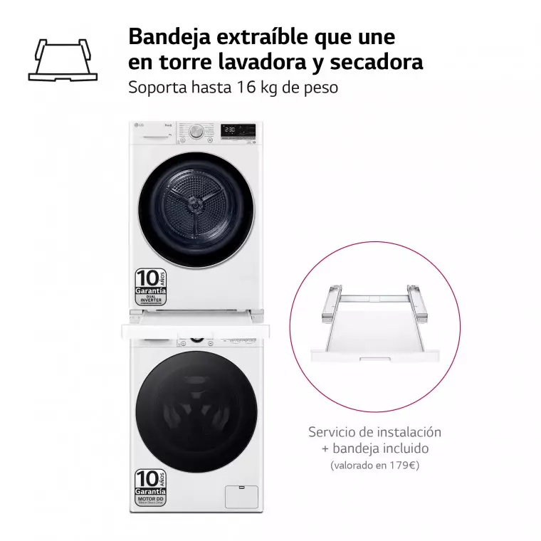 LG Torre de Lavado, Blanca, Lavadora inteligente 9kg, 1400rpm, 10% más eficiente que A + Secadora 9kg, A+++, TORRE0909PR.SET.EEES.C
