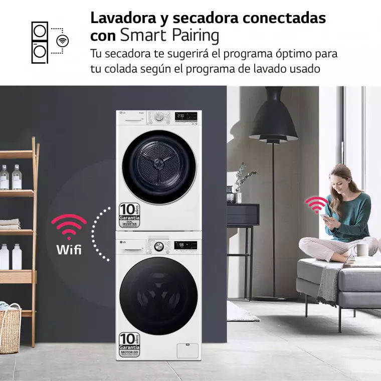 LG Torre de Lavado, Blanca, Lavadora inteligente 9kg, 1400rpm, 10% más eficiente que A + Secadora 9kg, A+++, TORRE0909PR.SET.EEES.C