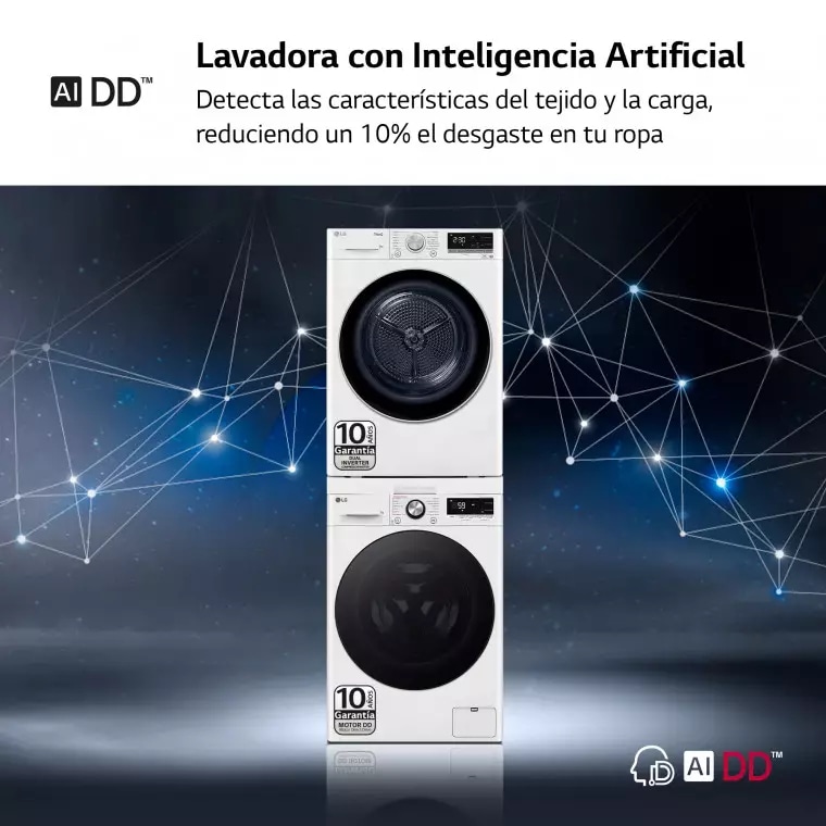 LG Torre de Lavado, Blanca, Lavadora inteligente 9kg, 1400rpm, 10% más eficiente que A + Secadora 9kg, A+++, TORRE0909PR.SET.EEES.C