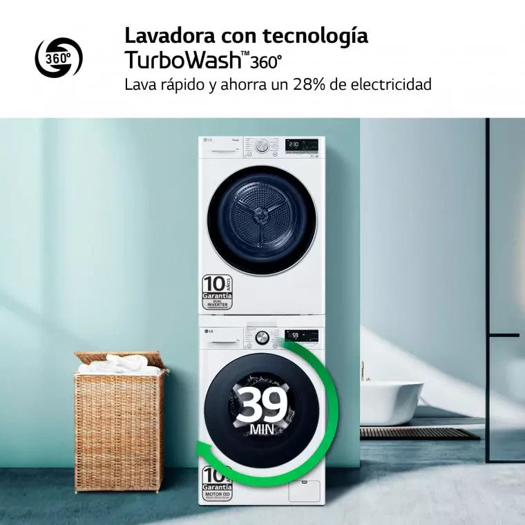 LG Torre de Lavado, Blanca, Lavadora inteligente 9kg, 1400rpm, 10% más eficiente que A + Secadora 9kg, A+++, TORRE0909PR.SET.EEES.C