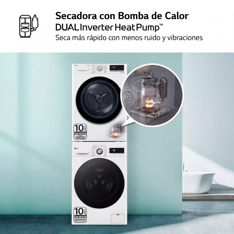 LG Torre de Lavado, Blanca, Lavadora inteligente 9kg, 1400rpm, 10% más eficiente que A + Secadora 9kg, A+++, TORRE0909PR.SET.EEES.C