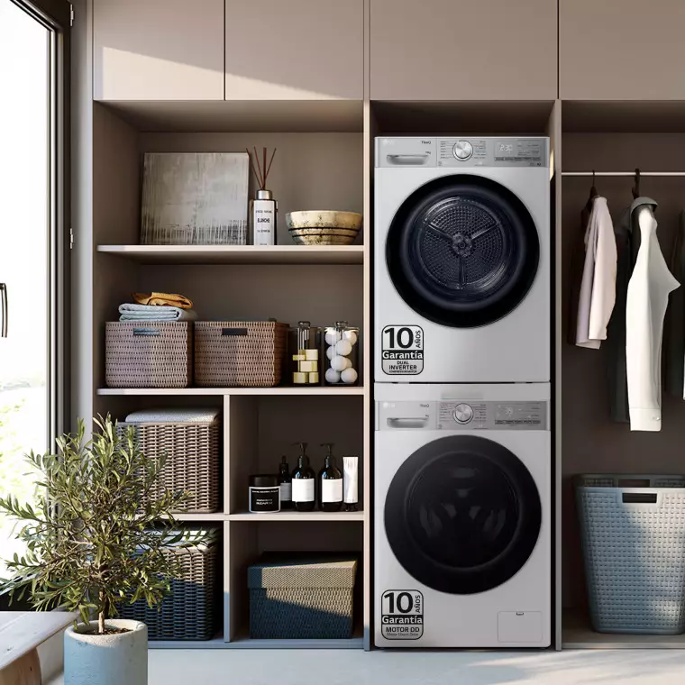 LG Torre de Lavado, Blanca, Lavadora inteligente 9kg, 1400rpm, un 40% mas eficiente que A + Secadora 10kg, A+++, TORRE0910KG.SET