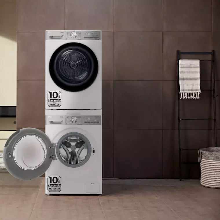 LG Torre de Lavado, Blanca, Lavadora inteligente 9kg, 1400rpm, un 40% mas eficiente que A + Secadora 10kg, A+++, TORRE0910KG.SET