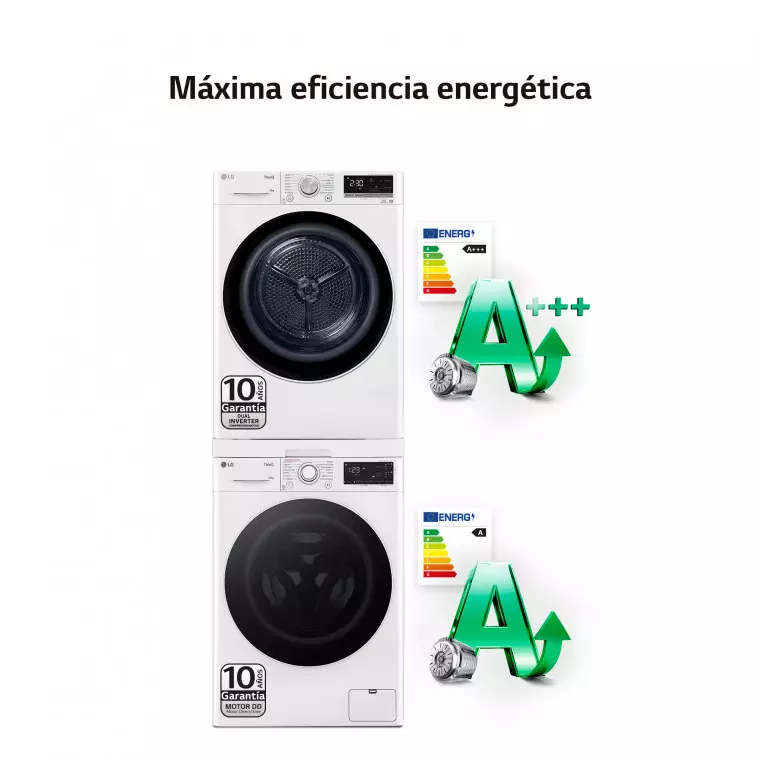 LG Torre de Lavado, Blanca, Lavadora inteligente 10kg, 1400rpm, Un 10% mas eficiente que A + Secadora 8kg, A+++, TORRE1008KG.SET