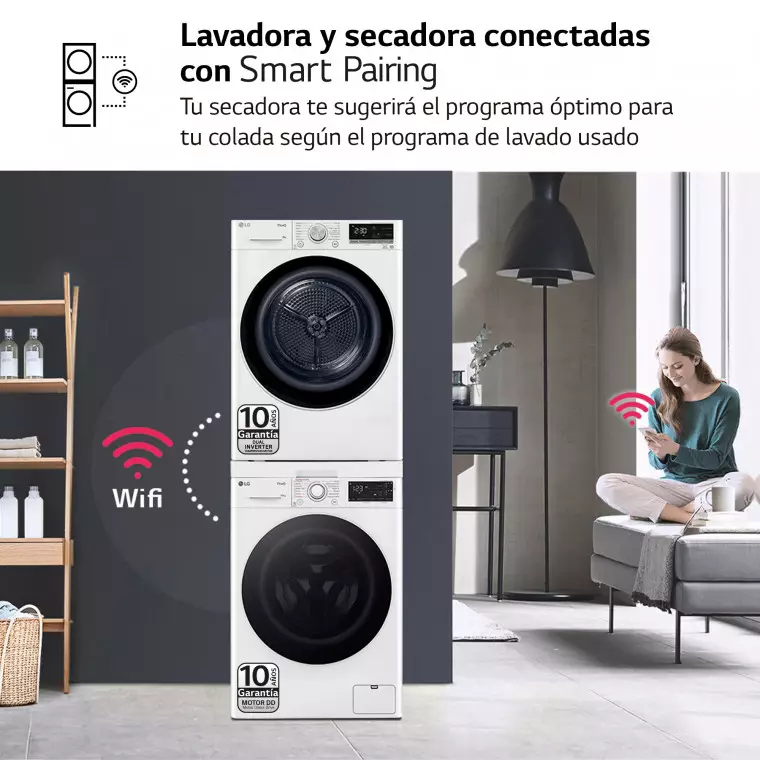 LG Torre de Lavado, Blanca, Lavadora inteligente 10kg, 1400rpm, Un 10% mas eficiente que A + Secadora 8kg, A+++, TORRE1008KG.SET