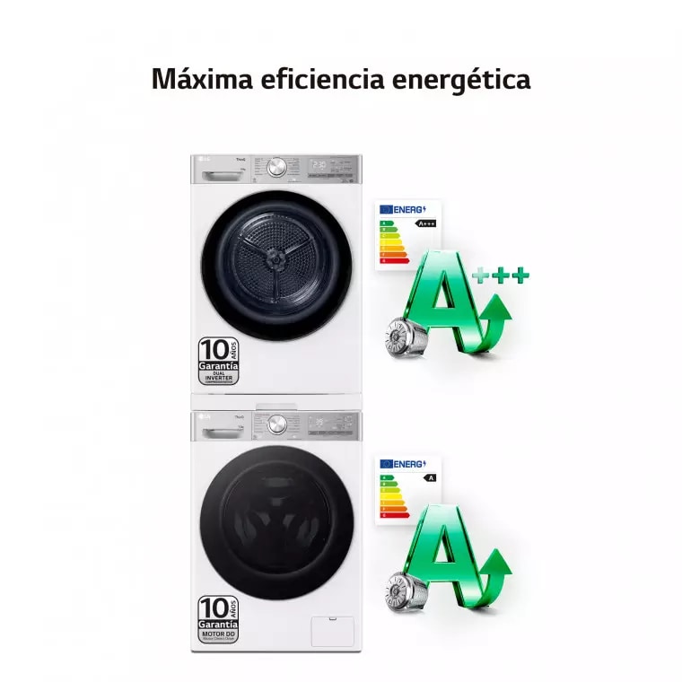 LG Torre de Lavado, Blanca, Lavadora inteligente 13kg, 1400rpm, Un 10% mas eficiente que A + Secadora 10kg, A+++\tT, TORRE1310KG.SET.EEES.C