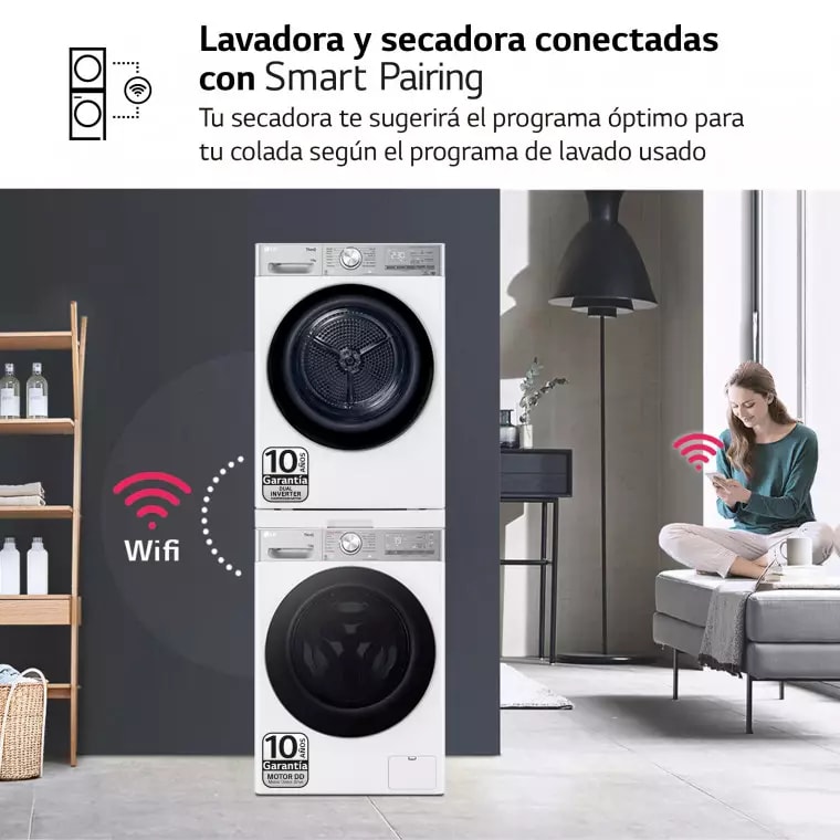 LG Torre de Lavado, Blanca, Lavadora inteligente 13kg, 1400rpm, Un 10% mas eficiente que A + Secadora 10kg, A+++\tT, TORRE1310KG.SET.EEES.C