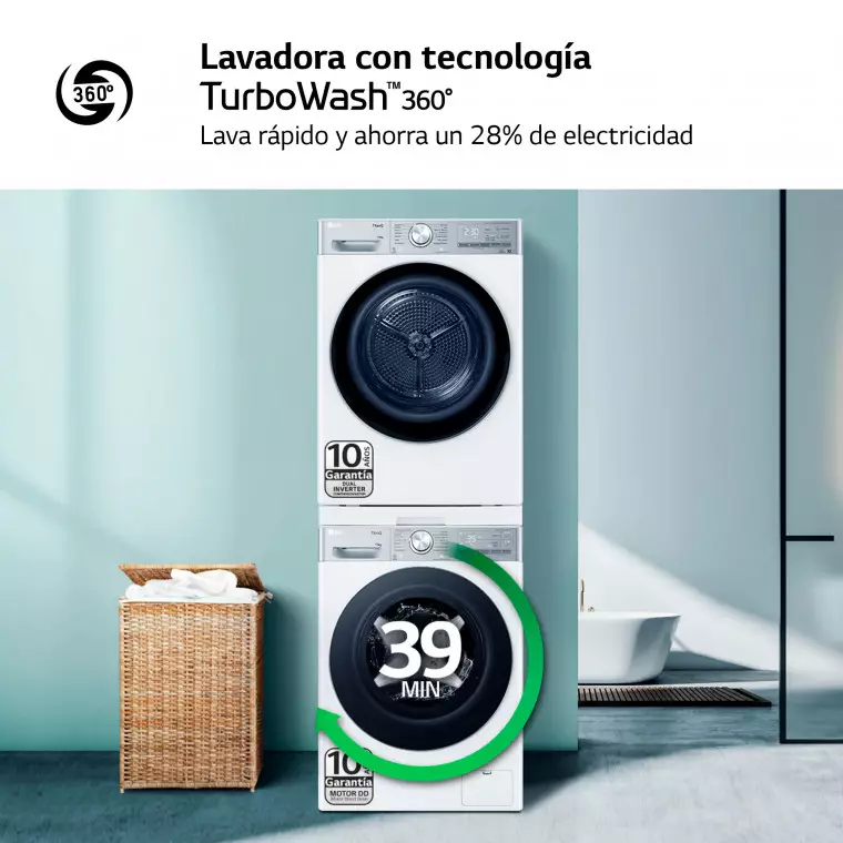 LG Torre de Lavado, Blanca, Lavadora inteligente 13kg, 1400rpm, Un 10% mas eficiente que A + Secadora 10kg, A+++\tT, TORRE1310KG.SET.EEES.C