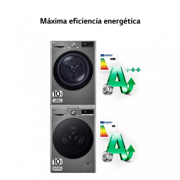 LG Torre de Lavado, Inox, Lavadora inteligente 9kg, 1400rpm, Un 10% mas eficiente que A + Secadora 9kg, A+++, TORREINOX99.SET