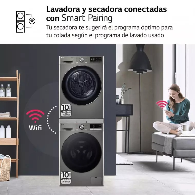 LG Torre de Lavado, Inox, Lavadora inteligente 9kg, 1400rpm, Un 10% mas eficiente que A + Secadora 9kg, A+++, TORREINOX99.SET